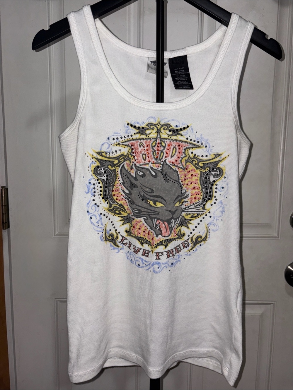 Vintage Y2K Harley-Davidson "Live Free" Rhinestone Wild Cat Tank Top